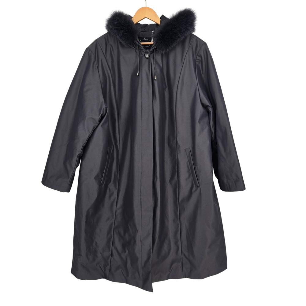 1 Madison Luxe Outerwear Womens 3X Fox Fur Trim Hooded Black Long Parka Coat